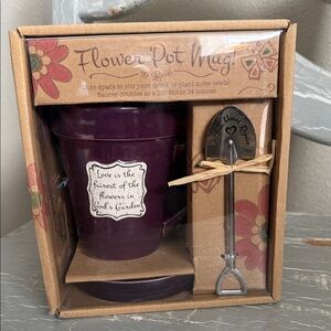 Purple Flower Pot Mug Gift Set with Saucer and Spade